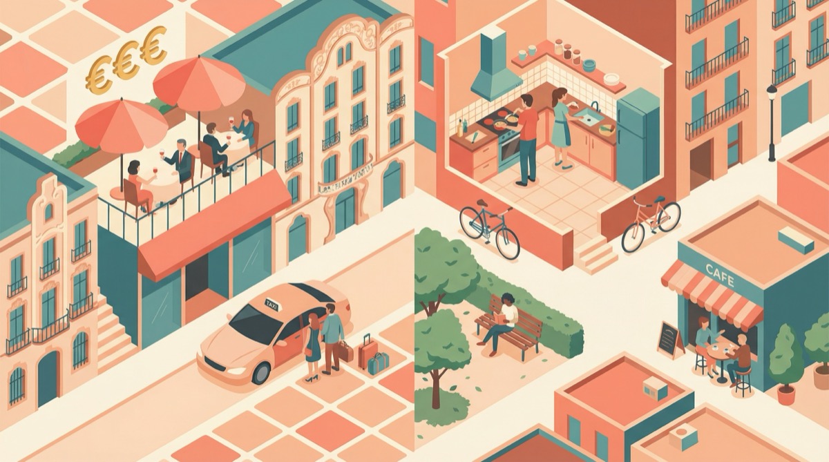 Illustration of contrasting Barcelona lifestyles from lavish dining to cozy home cooking