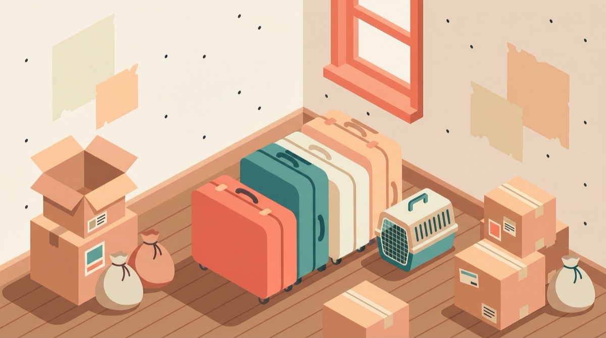 Illustration of suitcases and a pet carrier in an empty apartment with moving boxes