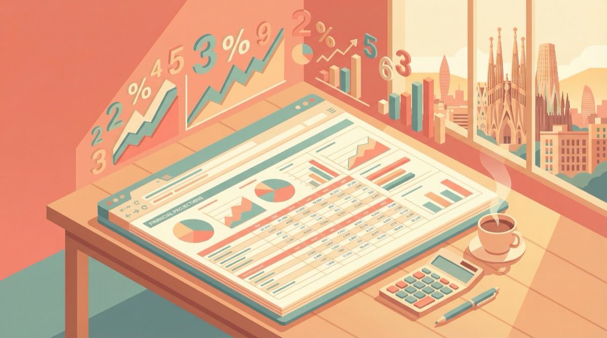 Illustration of a financial spreadsheet with Barcelona skyline in the background