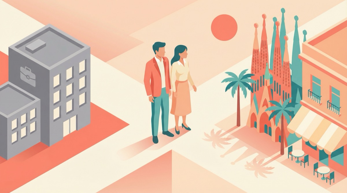 Illustration of a couple at a crossroads between corporate life and Barcelona